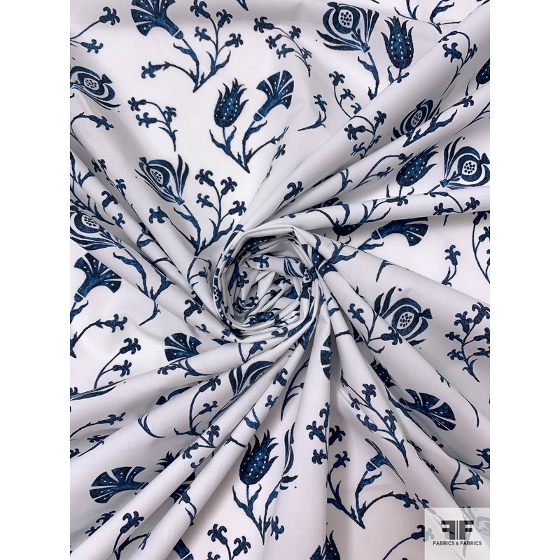 Tassled Floral Printed Cotton Lawn – Navy Blue / White Fabric by the Yard