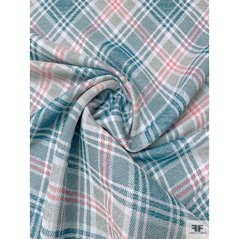 Argyle Plaid Woven Brocade – Teal / Hot Coral / Light Grey Fabric by the Yard