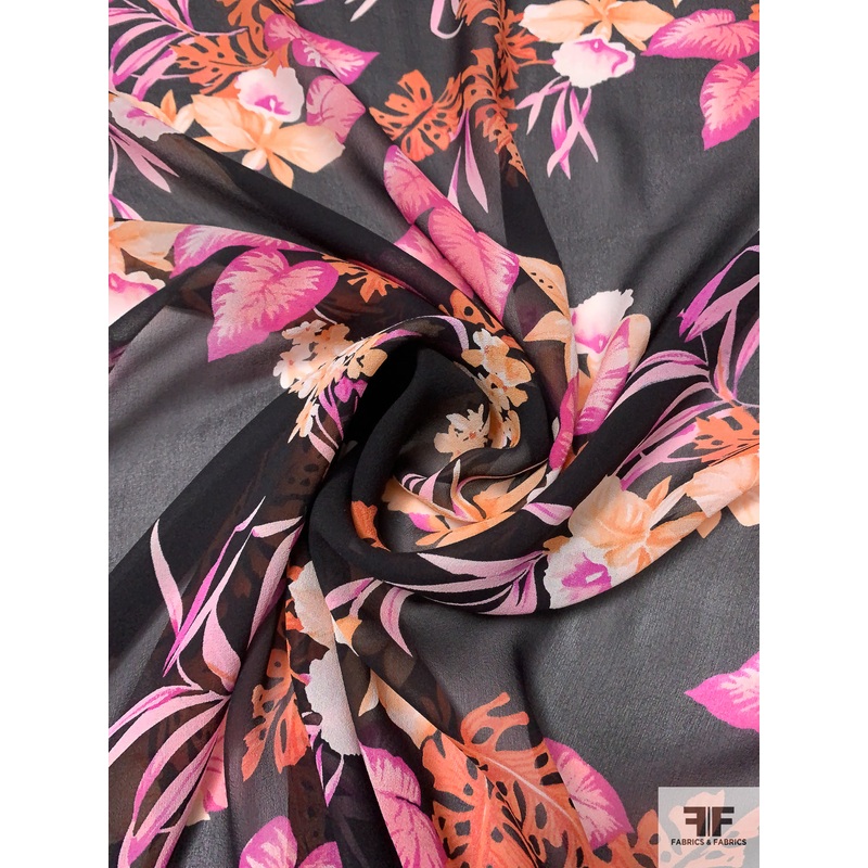 Bold Floral Printed Silk Chiffon – Magenta / Orange / Black Fabric by the Yard
