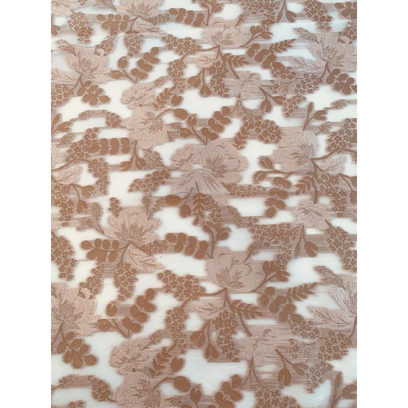 Floral Design Woven on Polyester Organza – Light Taupe / White Fabric by the Yard