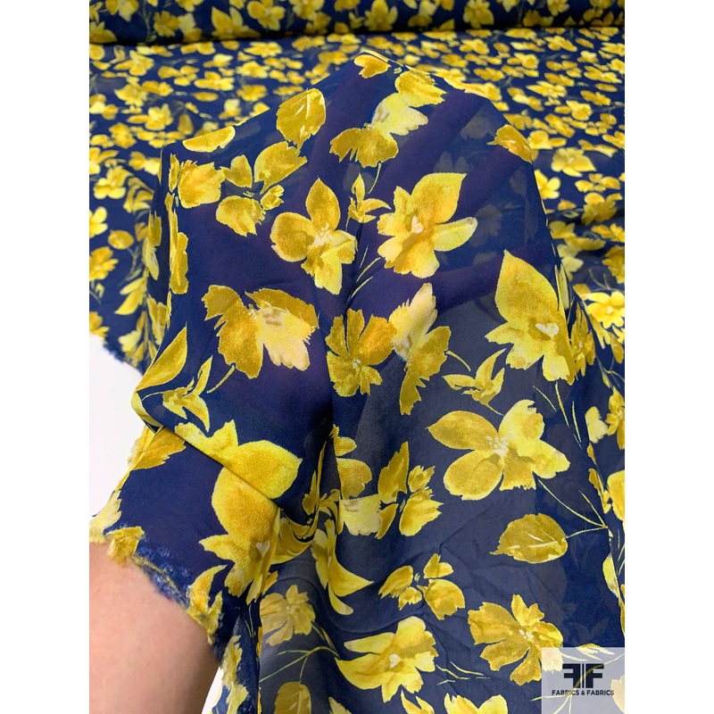Floral Leaf Printed Fine Rayon Georgette – Navy Blue / Yellow Fabric by the Yard