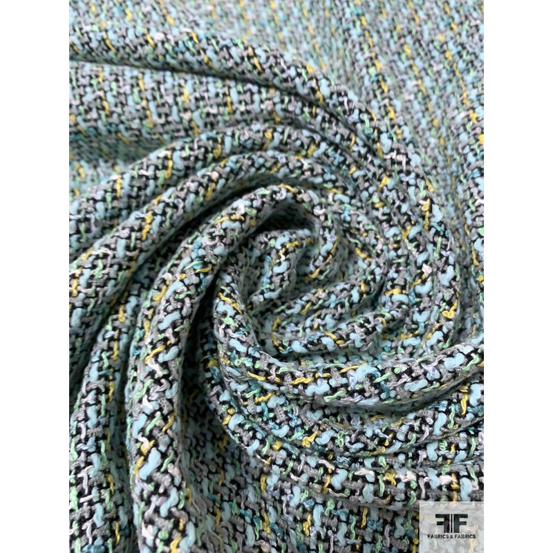 Italian Acrylic-Rayon Blend Soft Tweed Suiting – Celeste / Black / Grey / Yellow Fabric by the Yard