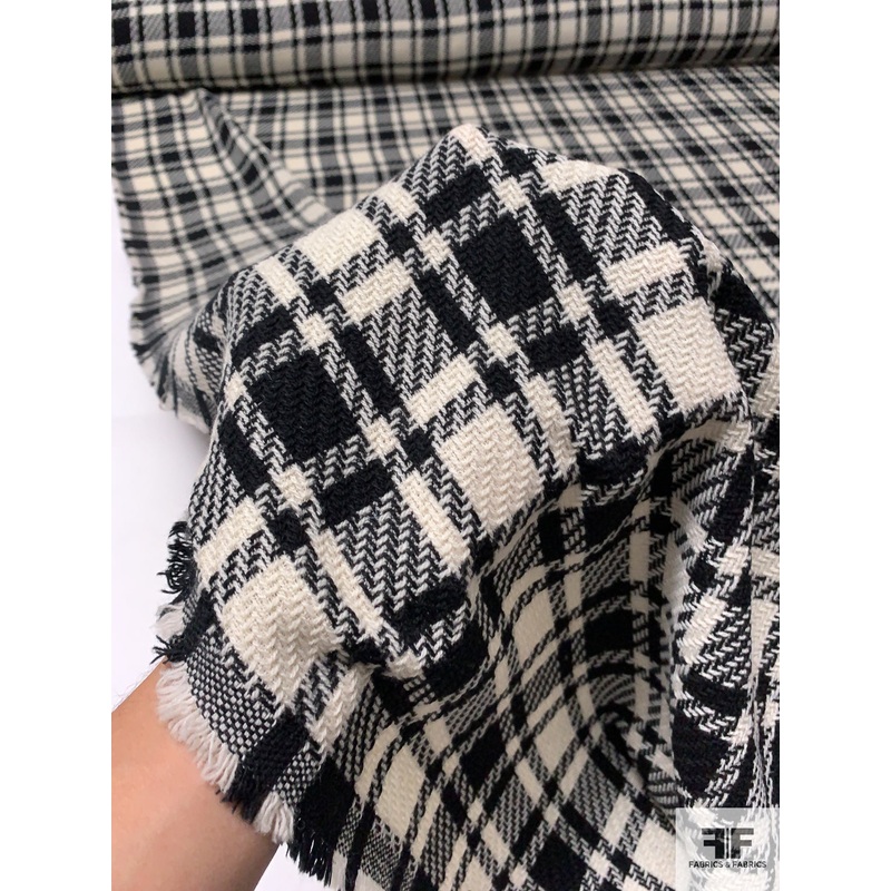 Italian Plaid Wool Tweed Suiting – Black / Light Ivory Fabric by the Yard