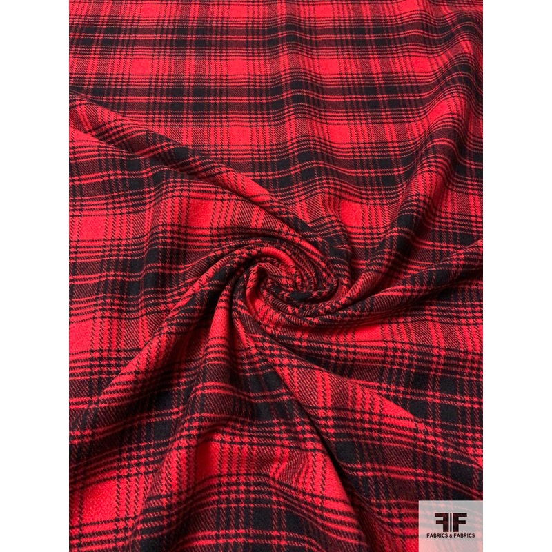 Italian Vintage Ralph Lauren Plaid Brushed Wool Flannel Jacket Weight – Red / Black Fabric by the Yard