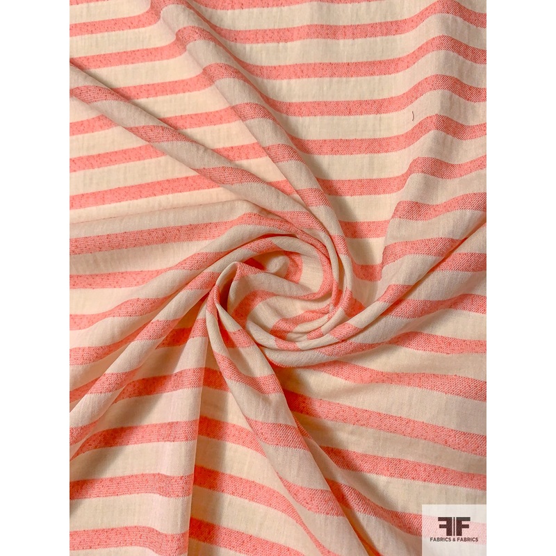 Japanese Slightly Boucle Striped Cotton-Poly Voile – Coral / Beige Fabric by the Yard