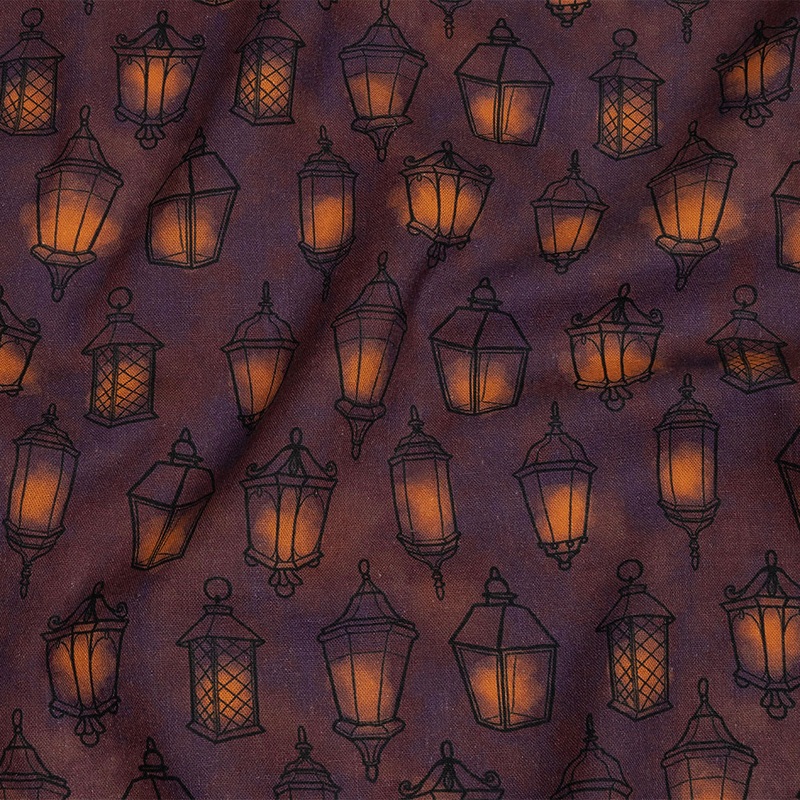 Linen and Rayon Woven – Purple Lanterns – By Lantern Light Print – Mood Exclusive Jack-O-Lantern Collection