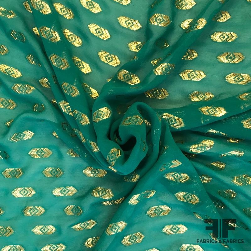 Metallic Geometric Jacquard on Silk Chiffon – Green/Gold Fabric by the Yard
