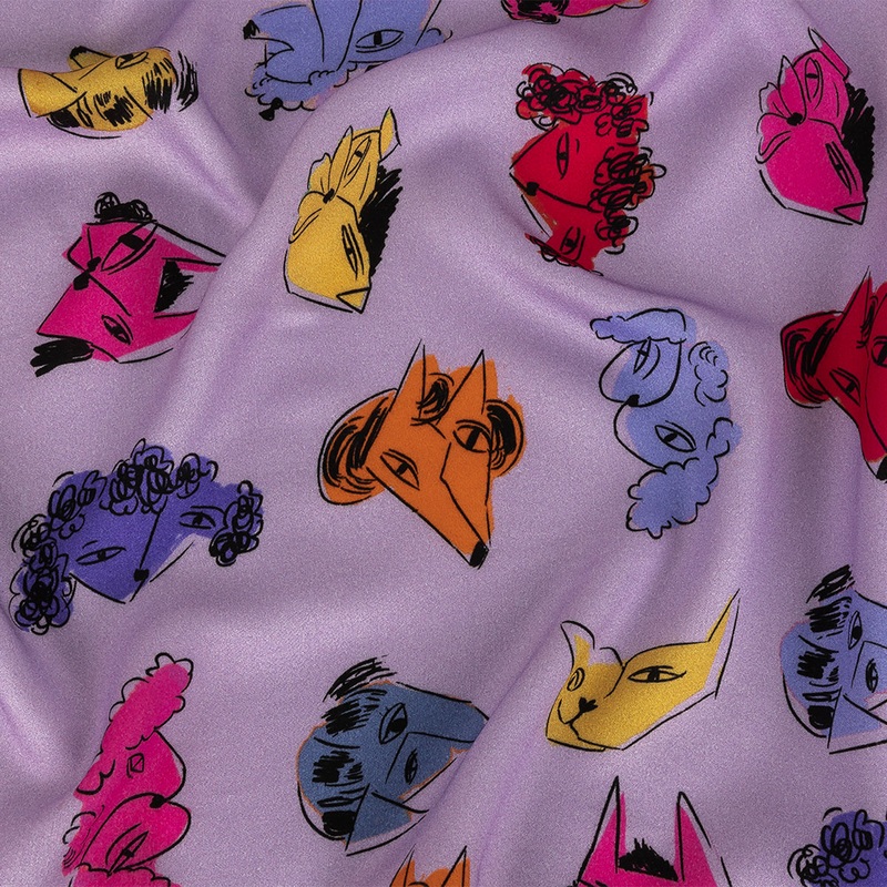 Rayon Challis – Lilac and Rainbow Dog Doodles – TREATS Print – Mood Exclusive Sugar Collection