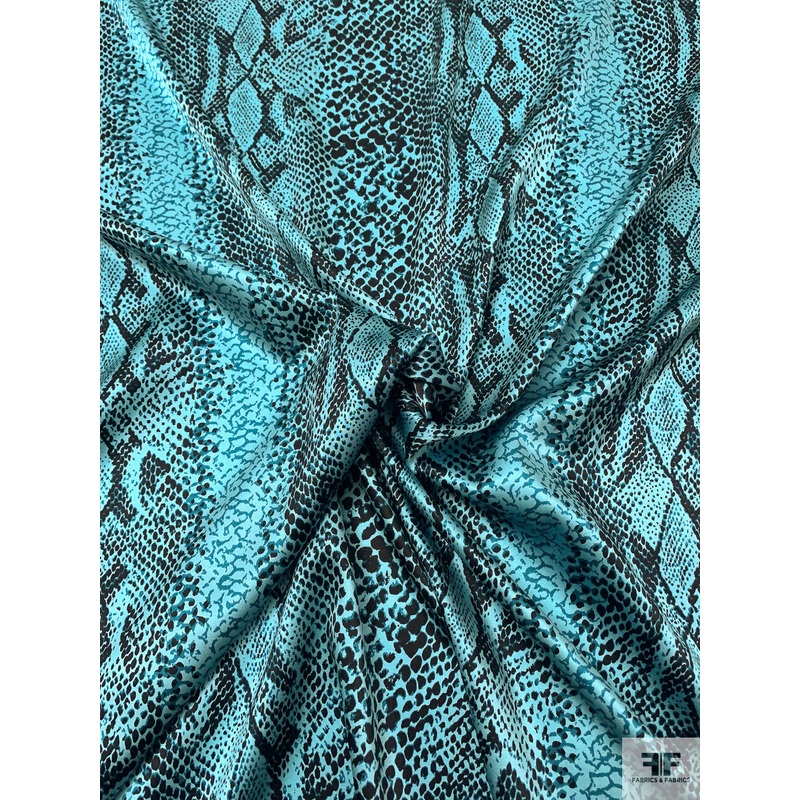 Snakeskin Printed Stretch Silk Charmeuse – Dusty Aqua / Dust Teal / Black Fabric by the Yard