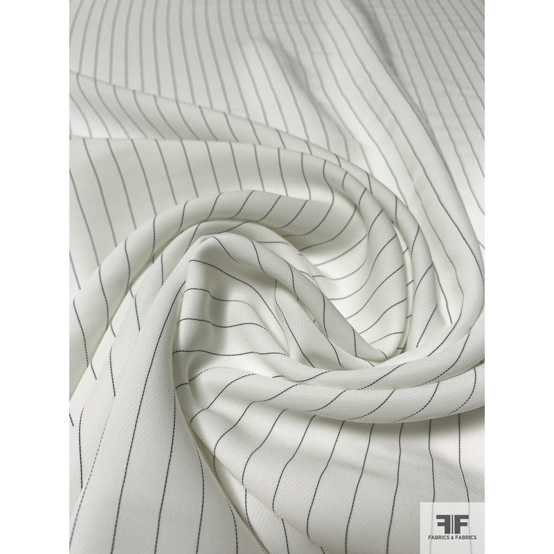 Veritcal Pinstriped Printed Striped Polyester Twill-Crepe – Off-White / Navy Fabric by the Yard