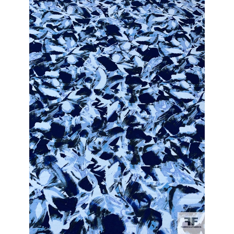 Abstract Painterly Printed Rayon Crepe – Navy / Sky Blue Fabric by the Yard