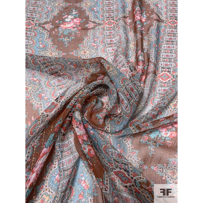 Antique Rug Inspired Printed Silk Chiffon with Lurex Pinstripes – Turquoise / Coral / Saddle Brown / Gold Fabric by the Yard