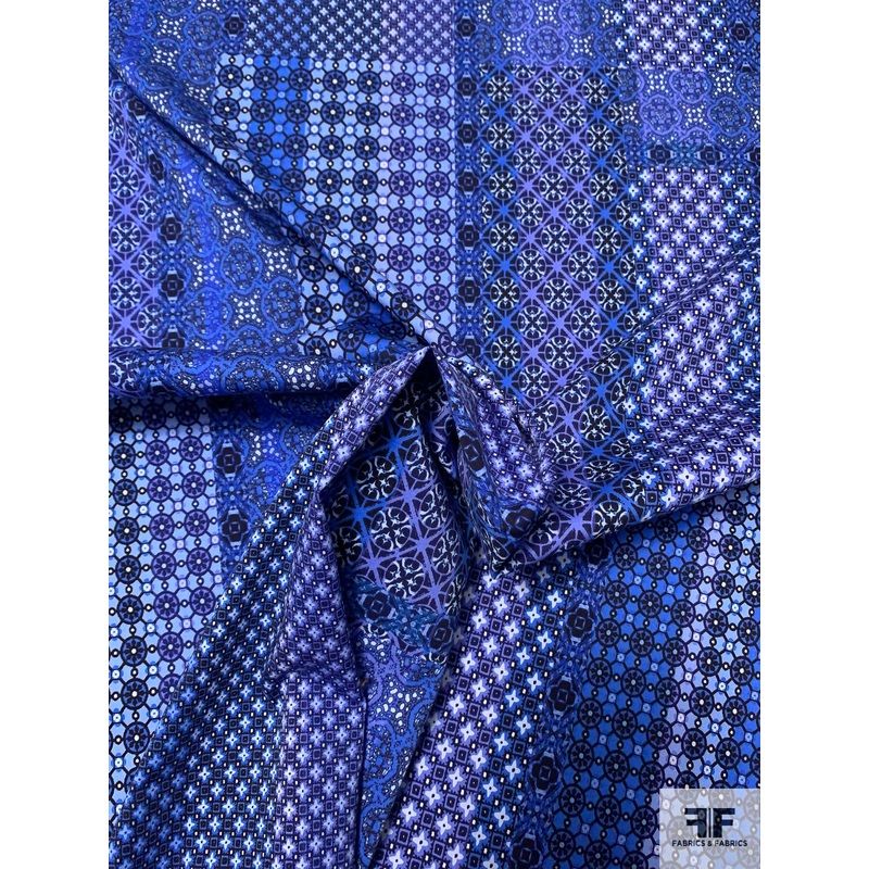Bandana-Like Printed Cotton Sateen – Shades of Blue and Purple Fabric by the Yard