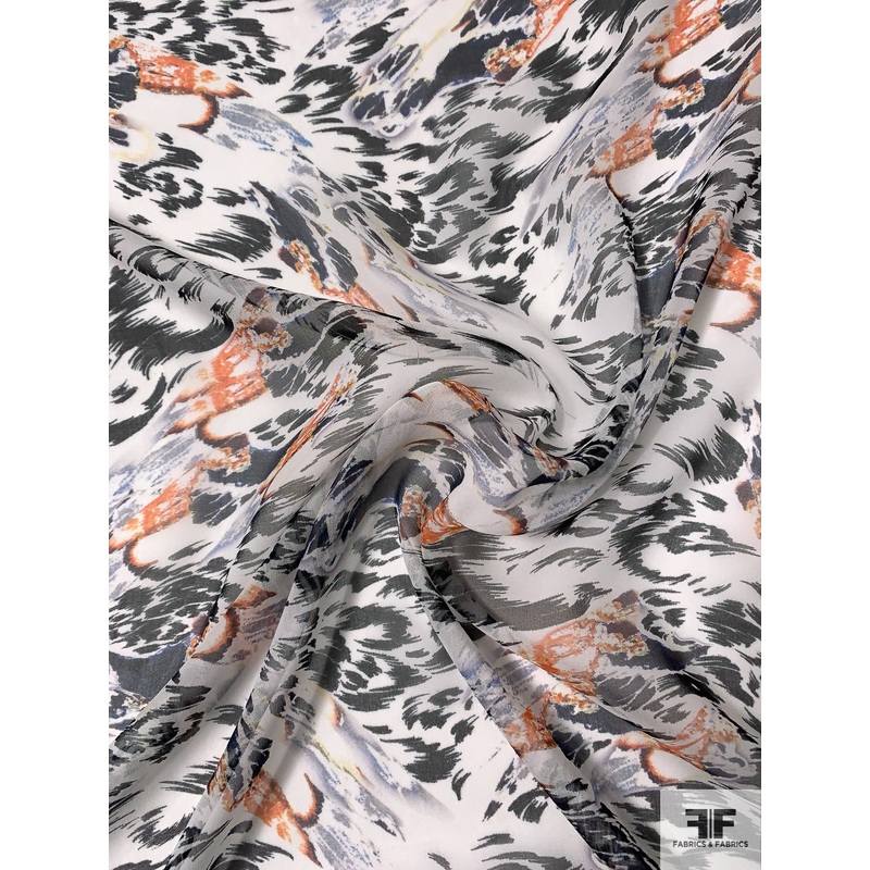 Brushstroke Animal Pattern Printed Silk Chiffon – Black / Off-White / Orange / Purple Fabric by the Yard