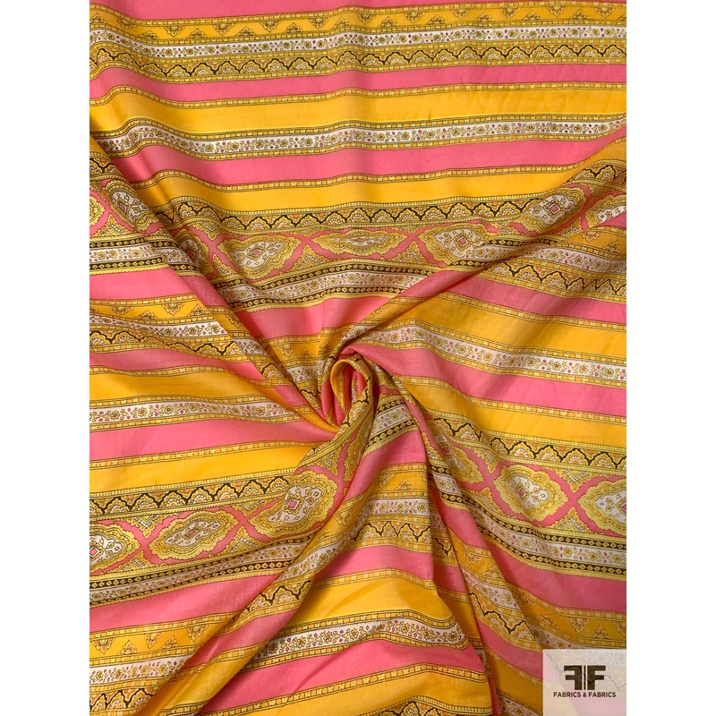 Ethnic Striped Printed Cotton Voile – Marigold / Pink / White / Brown Fabric by the Yard
