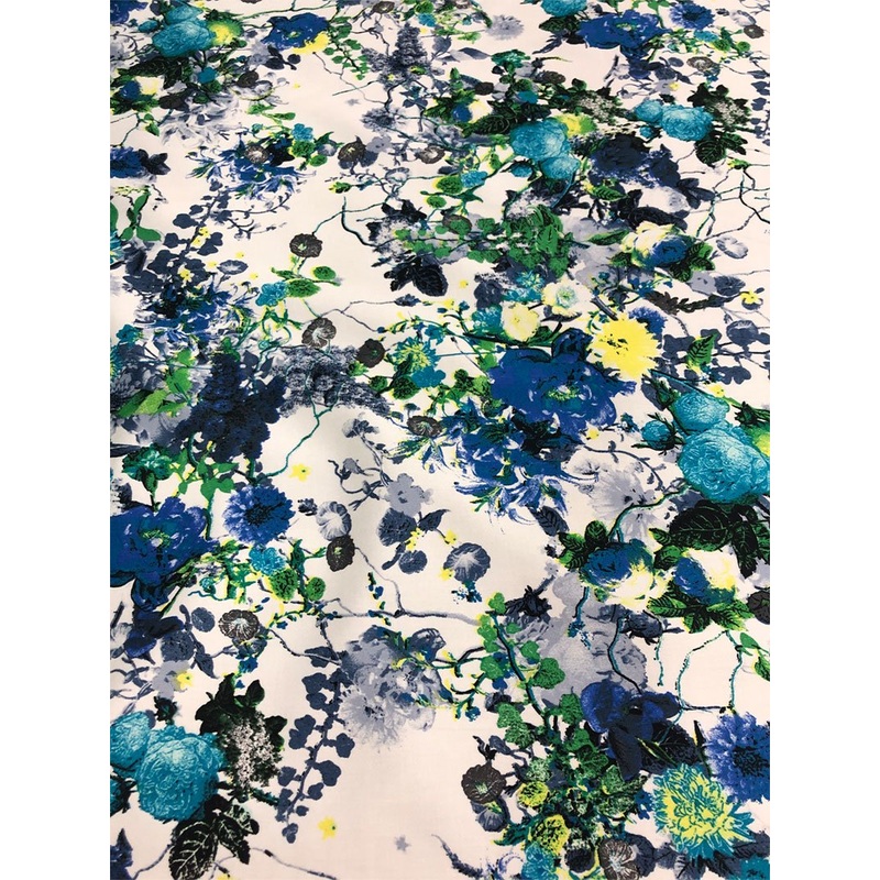 Floral Stretch Cotton Sateen – Blue/White/Green Fabric by the Yard
