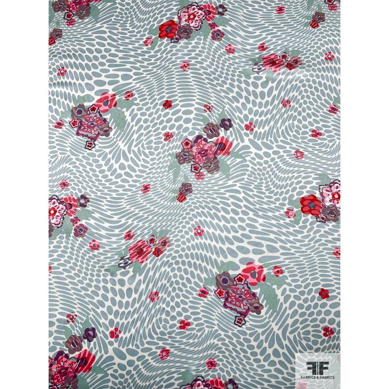 Hypnotic and Floral Printed Silk Charmeuse – Dusty Seafoam / Purples / Pinks Fabric by the Yard