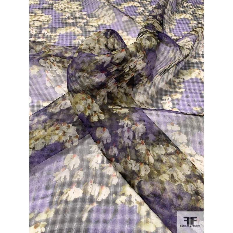 Italian Drifting Floral and Gingham Printed Silk Organza – Purple / Cream / Olive Fabric by the Yard