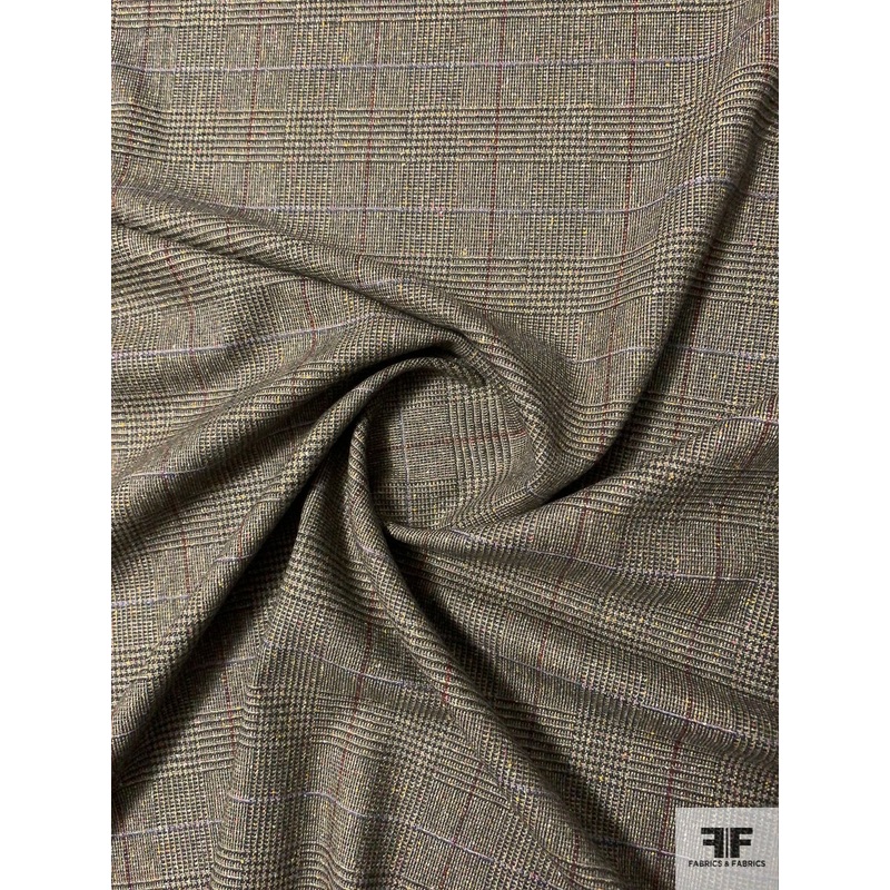 Italian Speckle Glen Plaid Stretch Wool Suiting – Forest Green / Lavender / Multicolor Fabric by the Yard