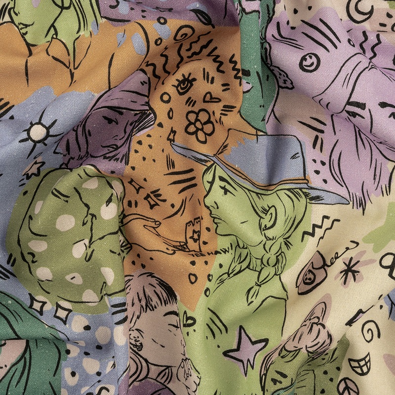 Linen and Rayon Woven – Purple and Green Figures and Doodles – Serene Souls Print – Mood Exclusive Wisteria Collection