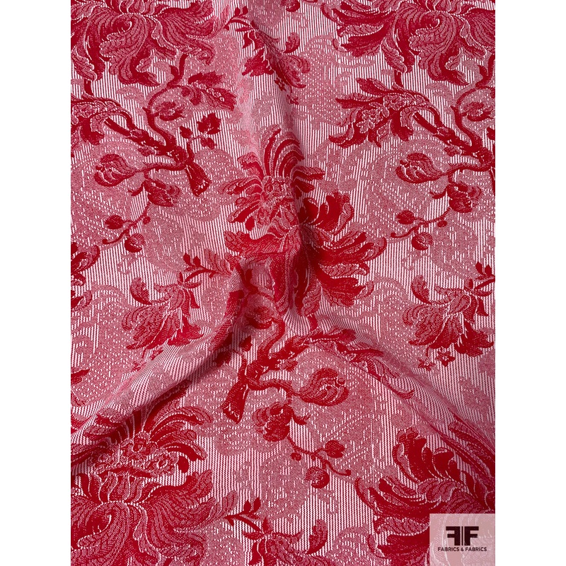 Ornate Regal Floral Printed Silk Crepe de Chine – Red / Off-White Fabric by the Yard
