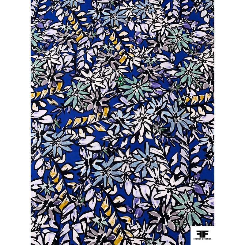Painterly Floral Printed Cotton Sheeting – Indigo Blue / Dusty Sky Blue / Black / Mustard Fabric by the Yard