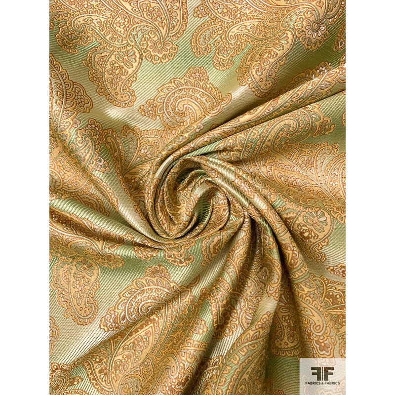 Paisley Silk Necktie Jacquard Brocade – Green / Light Brown / Muted Gold Fabric by the Yard