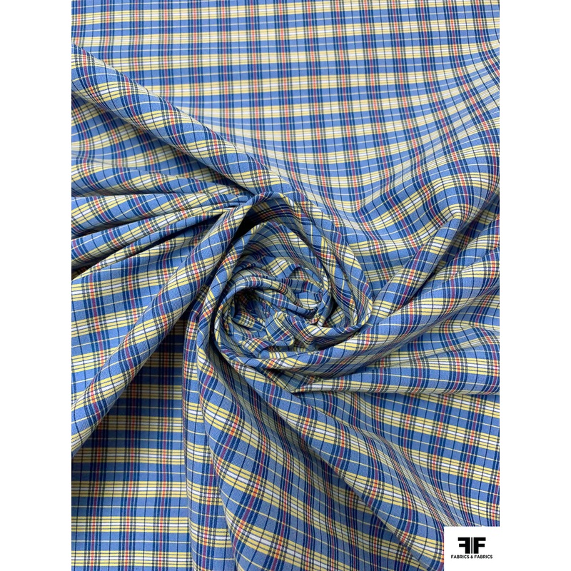Plaid Yarn-Dyed Stretch Cotton Shirting – Blue / Yellow / Red / White Fabric by the Yard