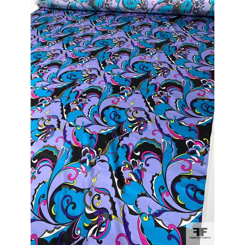 Pucci-esque Paisley-Like Silk Charmeuse – Turquoise / Periwinkle / Magenta / Black Fabric by the Yard
