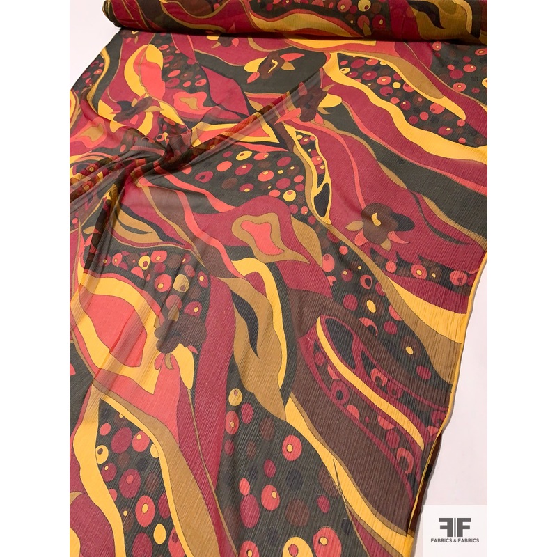 Pucci-esque Printed Crinkled Silk Chiffon – Magenta / Blood Orange / Turmeric / Black Fabric by the Yard