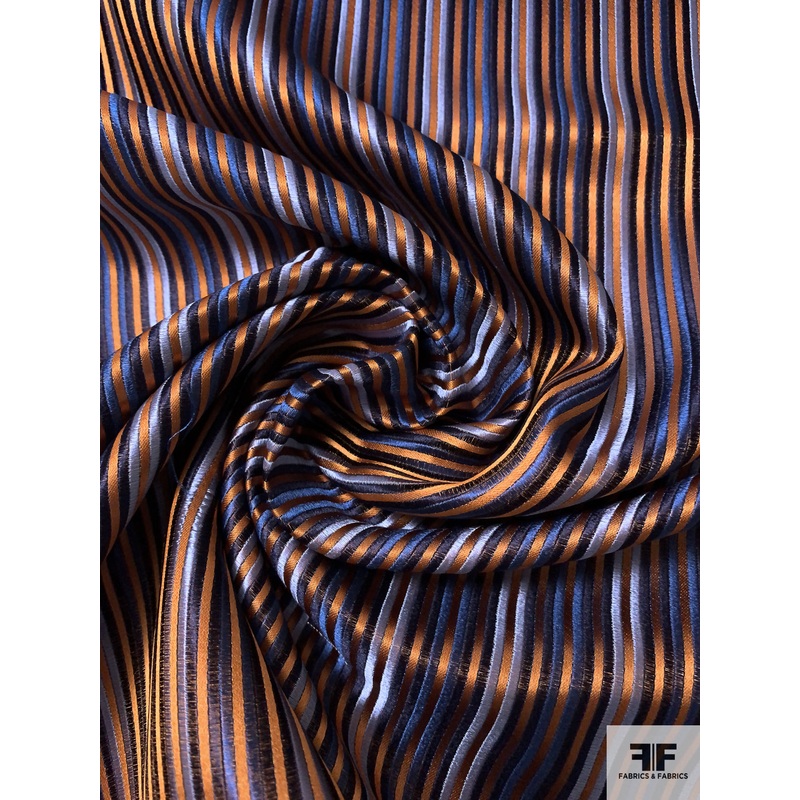 Vertical Striped Silk Necktie Jacquard Brocade – Copper / Blues Fabric by the Yard
