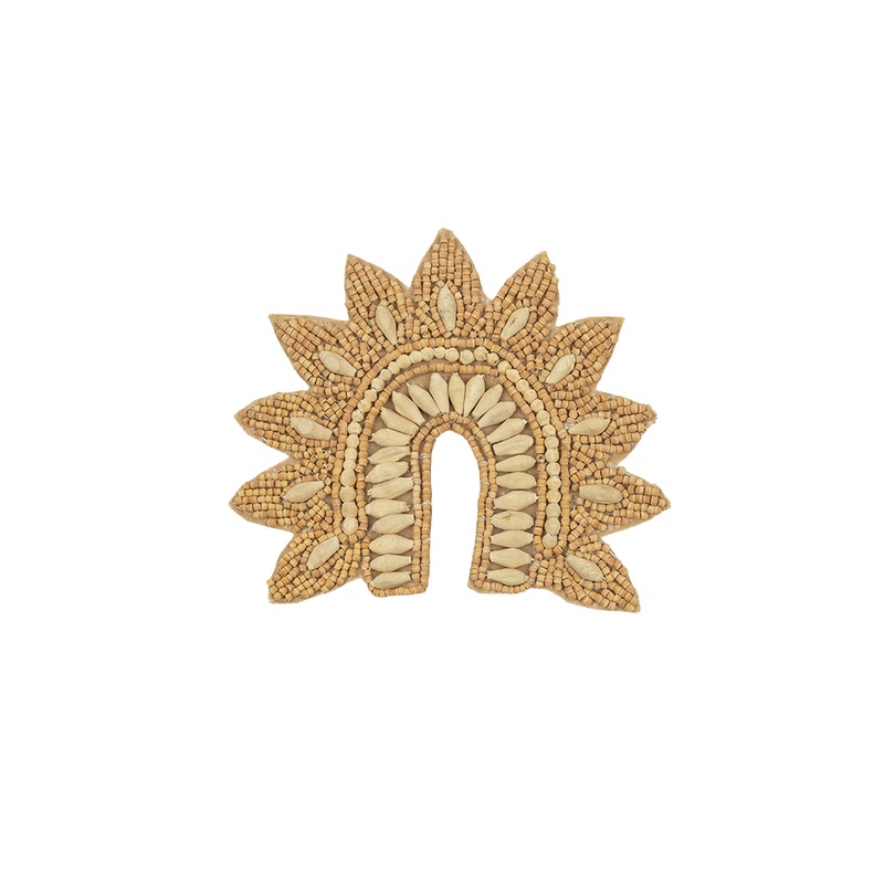 Vintage Tan and Natural Flower Rainbow Wood Beaded Applique – 3.75″ x 4.25″