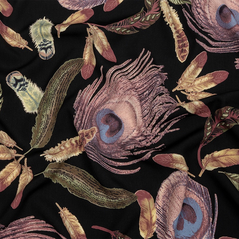 Black, Pink and Beige Flying Feathers Polyester Woven