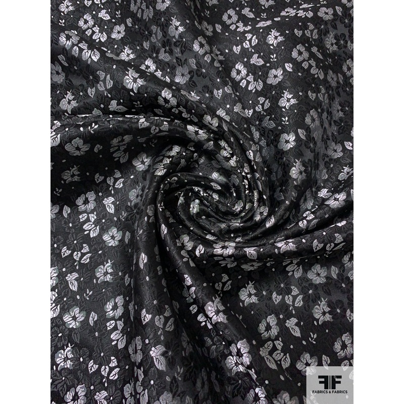 Floral Silk Necktie Jacquard Brocade – Black / White Fabric by the Yard