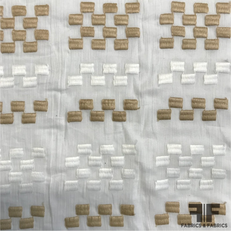 Geometric Check Embroidered Cotton – White/Beige Fabric by the Yard