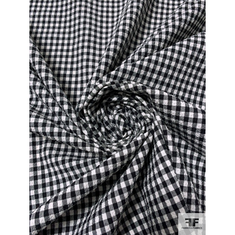 Gingham Check Seersucker Stretch Cotton Shirting – Black / Off-White Fabric by the Yard