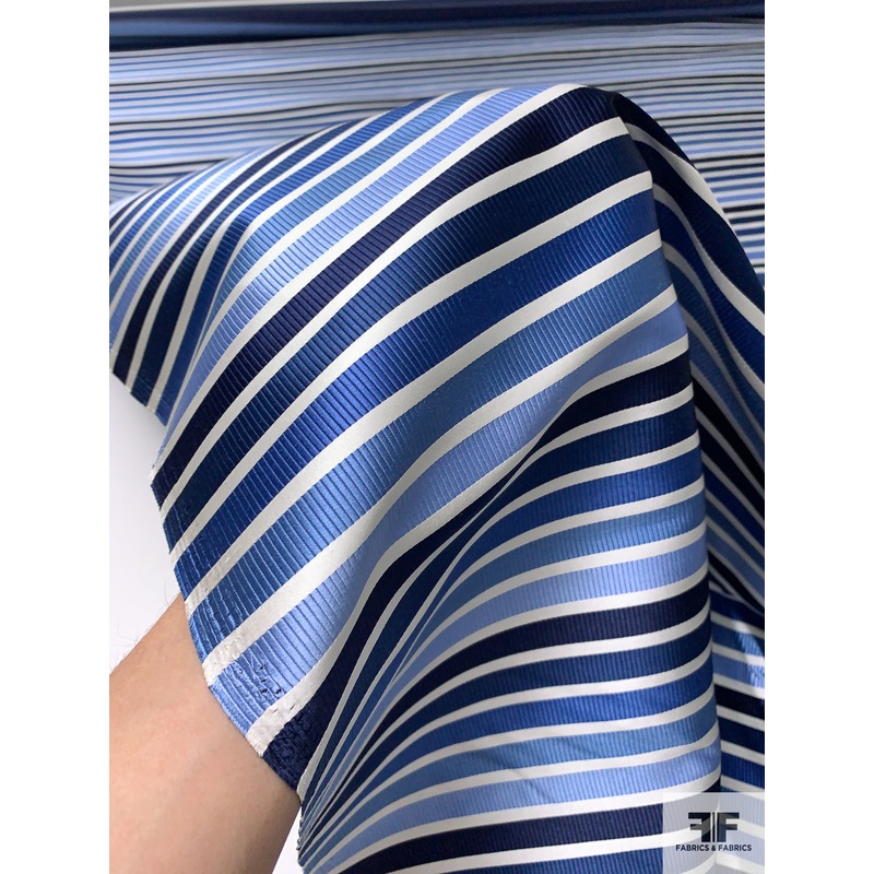 Horizontal Striped Silk Necktie Jacquard Brocade – Navy / Blues / Off-White Fabric by the Yard