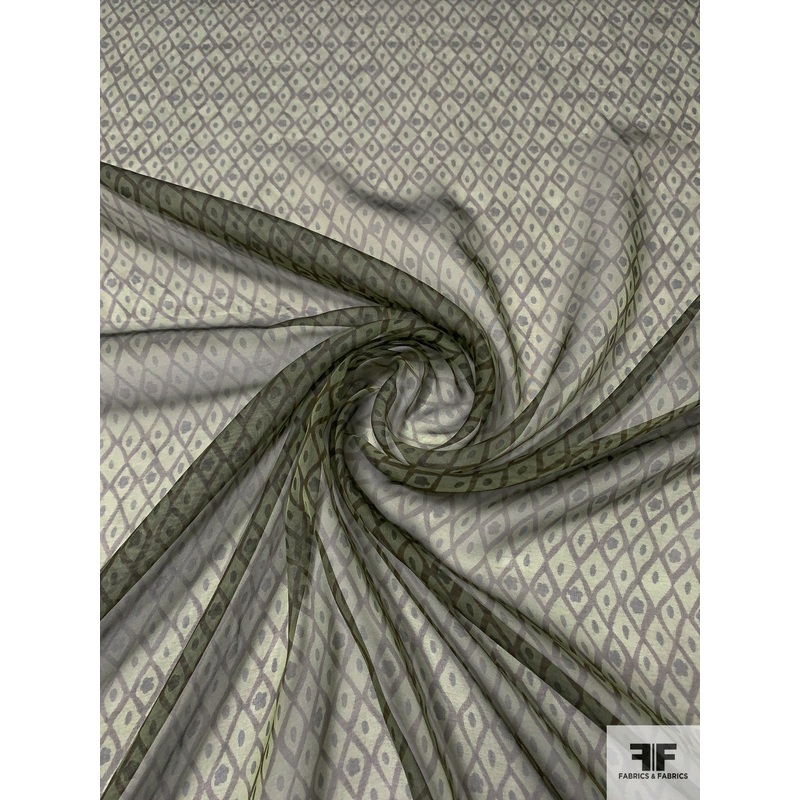 Italian Diamond Dot Printed Fine Silk Chiffon – Army Green / Black / Brown Fabric by the Yard