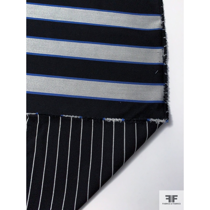 Italian Double-Sided Horizontal Striped Wool Blend Light Jacket Weight – Black / Off-White / Blue Fabric by the Yard