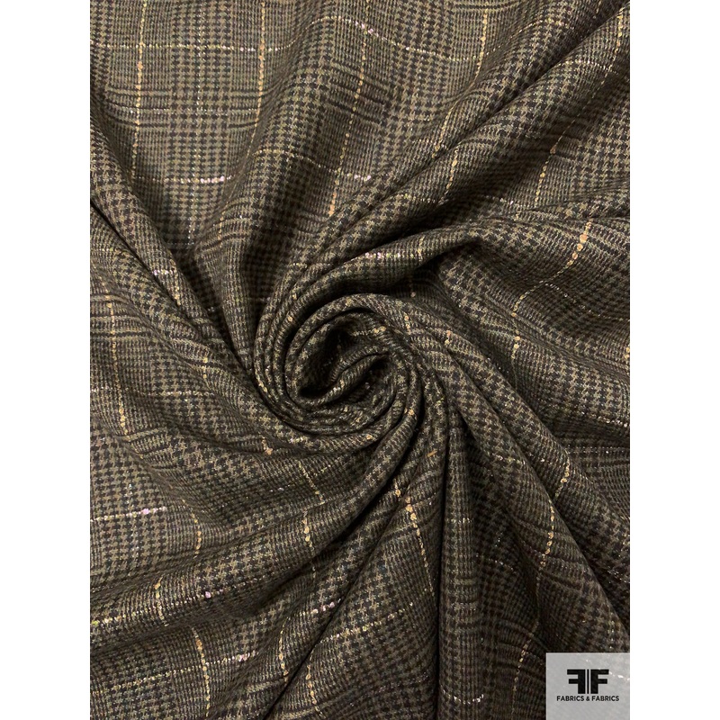 Italian Plaid Wool Suiting with Lurex Fibers – Earthy Green / Brown / Beige Fabric by the Yard