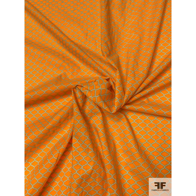 Italian Quatrefoil Printed Cotton Batiste – Orange / Mint Fabric by the Yard