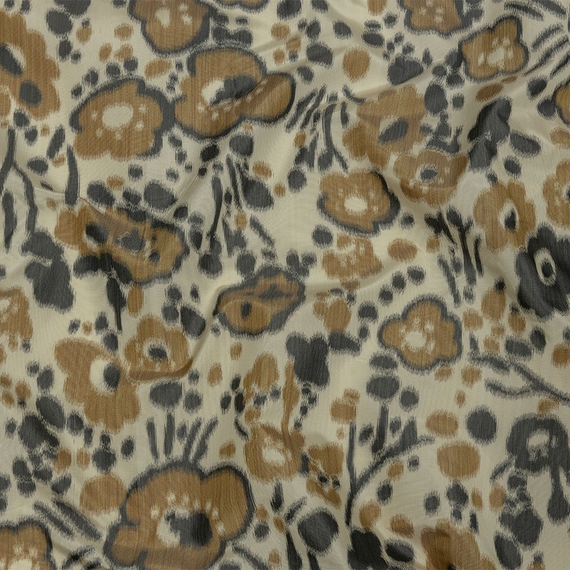 Italian Tan, Beige and Basalt Floral Warp Printed Polyester Faille