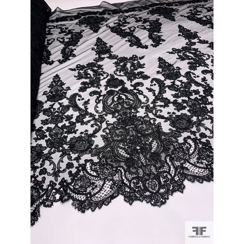 Pamella Roland Regally Embroidered Scalloped Tulle – Black Fabric by the Yard