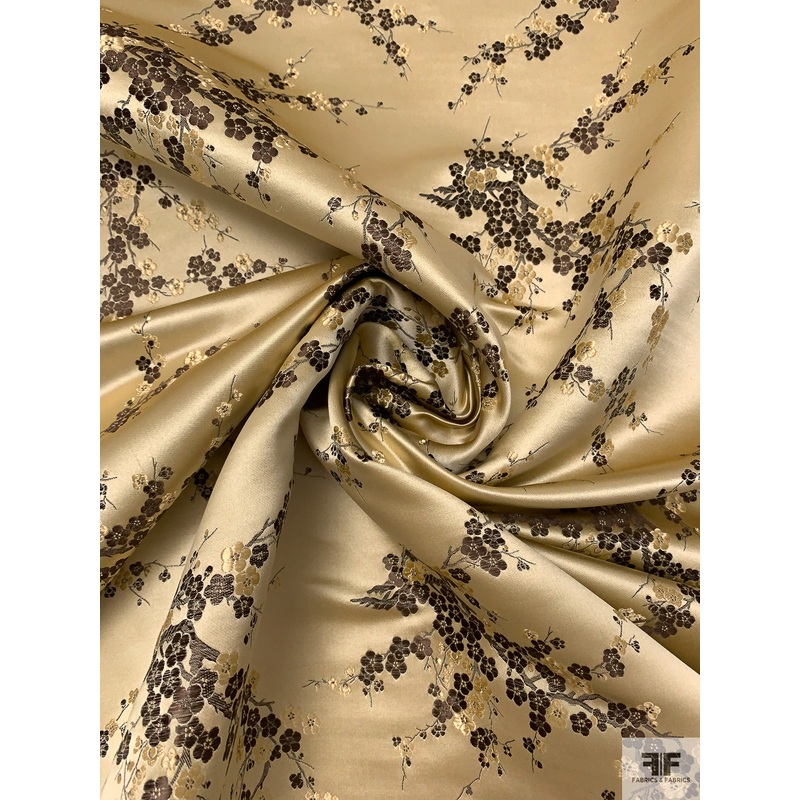 Romantic Floral Chinese Brocade – Champagne Gold / Brown Fabric by the Yard