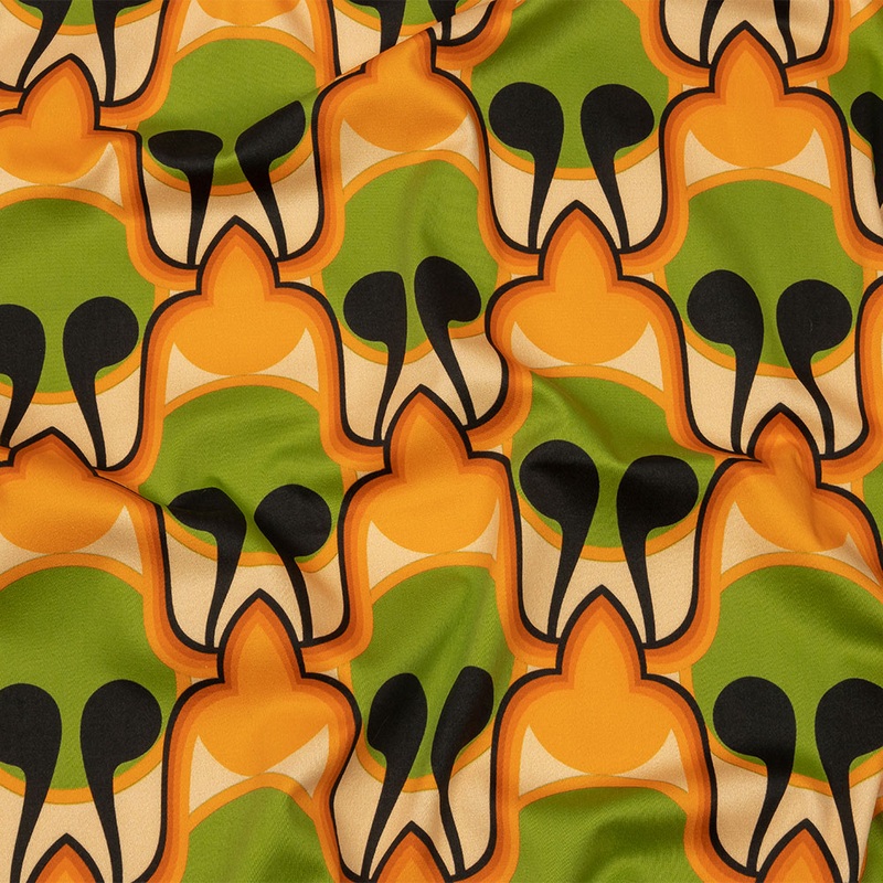 Stretch Cotton Sateen – Green and Orange Abstract – Bohemian Bells Print – Mood Exclusive Groove Collection