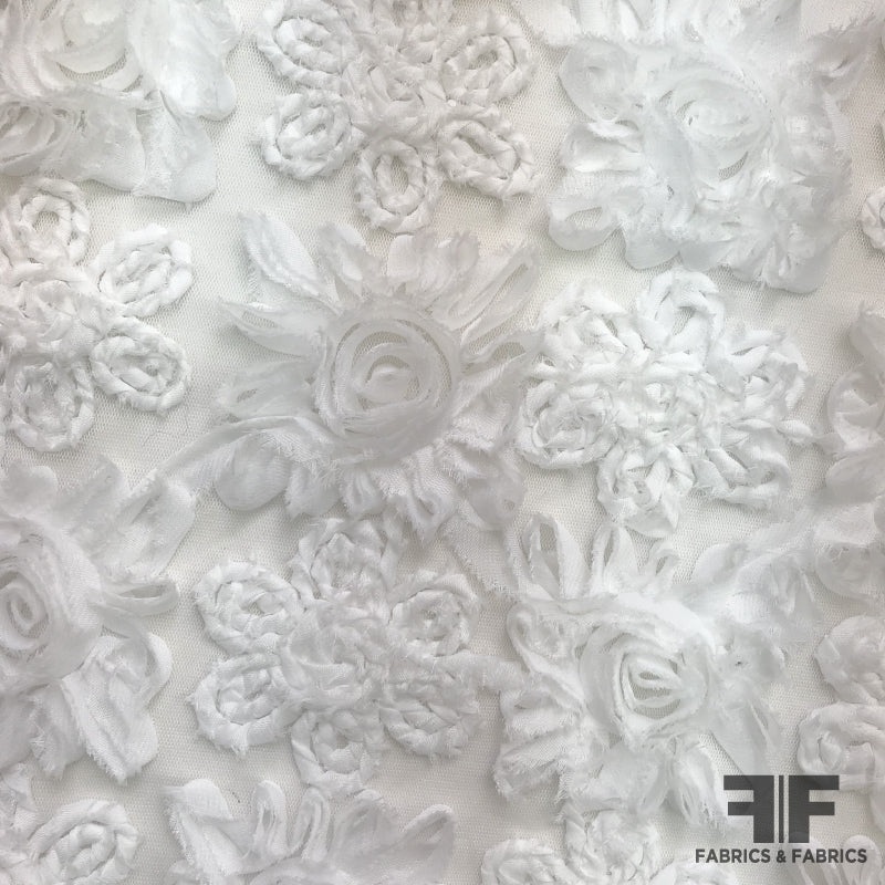 3D Floral Embroidered Netting – White Fabric by the Yard