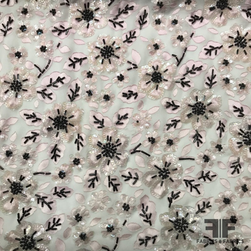Couture Floral Embellished & Beaded Silk – Pale Pink/Black Fabric by the Yard