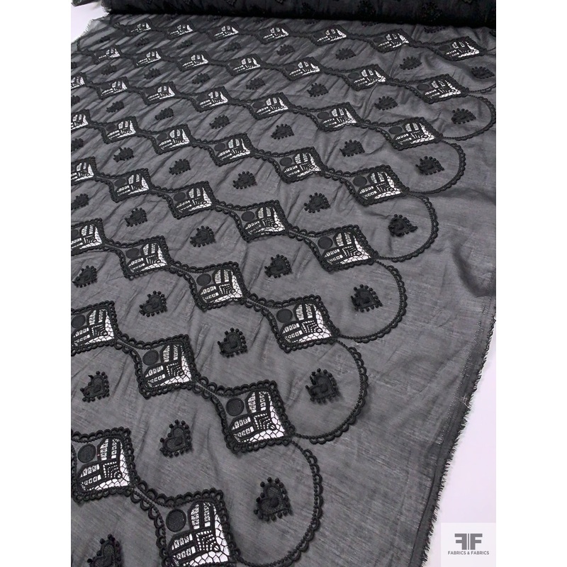 Embroidered Polyester Voile with Lace Detailing – Black Fabric by the Yard