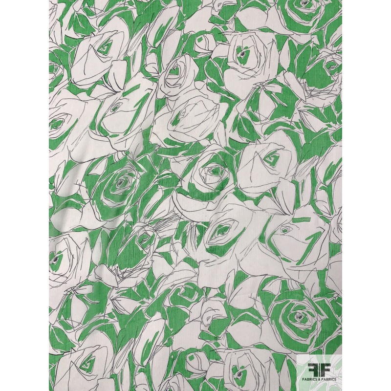Floral Sketch Printed Crinkled Silk Chiffon – Kelly Green / Off-White / Black Fabric by the Yard