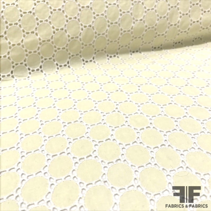 Geometric Embroidered Cotton Eyelet – Yellow/White Fabric by the Yard